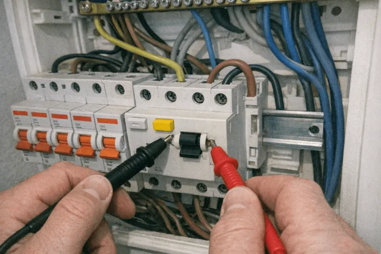Funktionsprüfung eines Fehlerstromschutzschalters im Sicherungskasten eines Wohnhauses