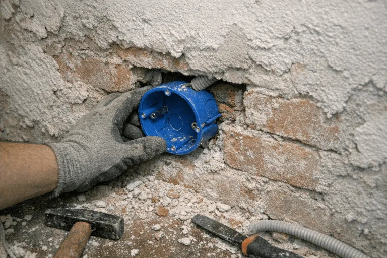 Setzen einer neuen Unterputzdose in eine massive Ziegelwand für Erweiterung der Elektrik